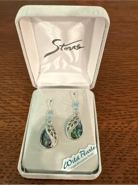 Wild Pearl Abalone Teardrop Dangle Earrings with Light Blue Accents
